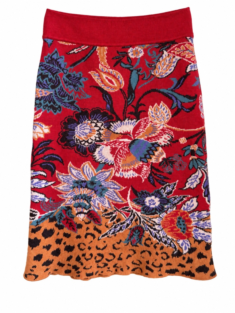 Maeve Anthropologie Floral Leopard Knit Midi Skirt XS Orange Red Animal Print